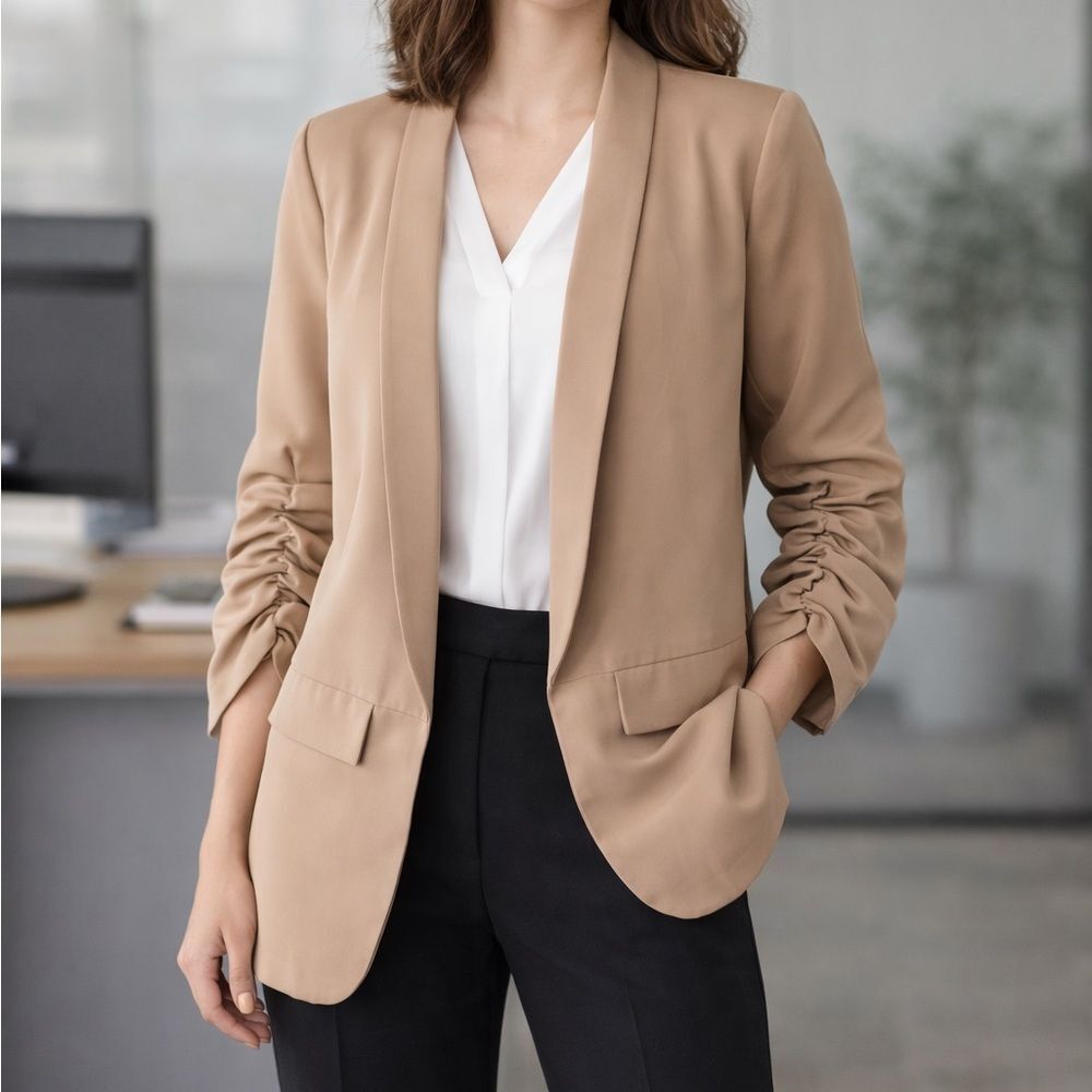 The Workshop Ruched 3/4 Sleeve Classic Neutral Tan Khaki Blazer Office Wear S